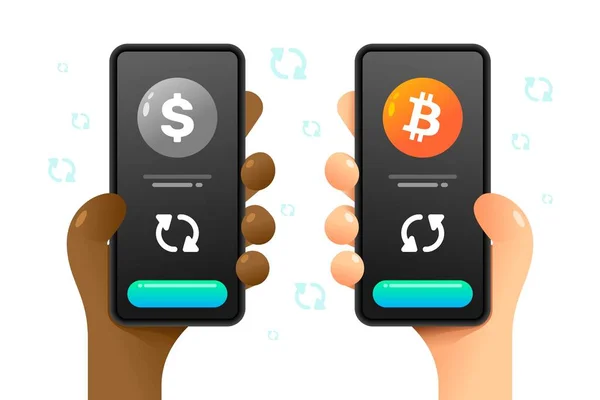 Smartphone Mockup Human Hand Convert Operation Bitcoin Dollar Crypto Wallet — Stock Vector