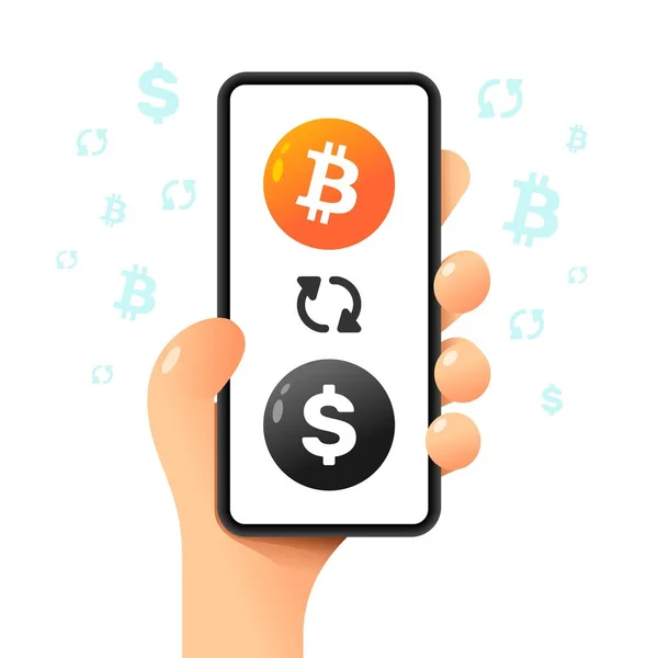 Smartphone Mockup Human Hand Exchange Operation Bitcoin Dollar Vector Colorful — Vector de stock