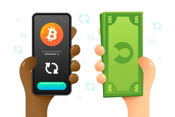 Smartphone Mockup Human Hand Exchange Operation Bitcoin Dollar Cash Vector — Stock Vector