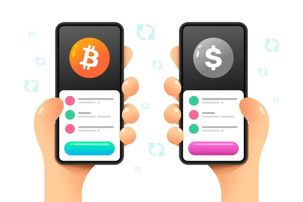 Smartphone Mockup Human Hand Exchange Operation Online Converting Bitcoin Dollar —  Vetores de Stock