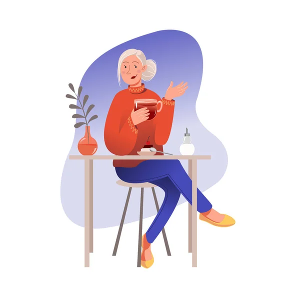 Blond Woman Sitting Chair Drinking Tea Cake Vector Illustration Webdesign — Stock Vector