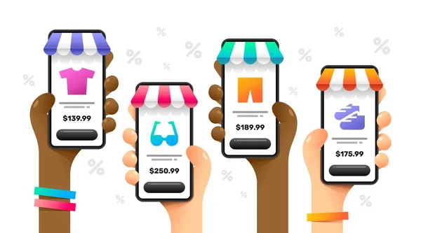 Mockup Smartphone Mão Humana Monte Pessoas Comprando Bens Web Aplicativos —  Vetores de Stock