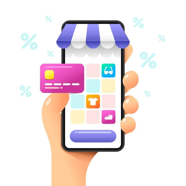 Mockup Smartphone Mão Humana Compra Bens Loja Cartão Crédito Vector —  Vetores de Stock