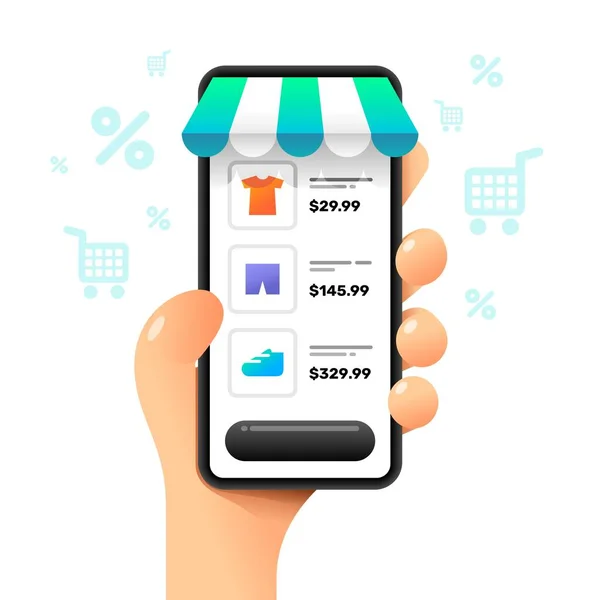 Mockup Smartphone Mão Humana Comprar Bens Loja Vector Ilustração Compras —  Vetores de Stock