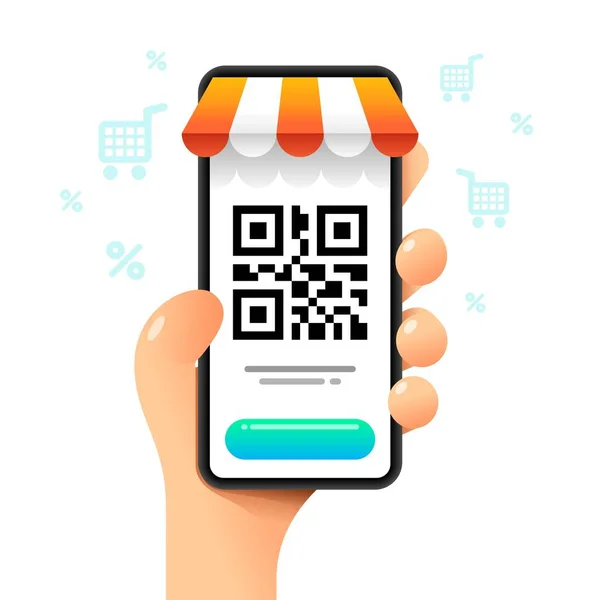 Mockup Smartphone Mão Humana Mercado Digitalização Código Vetor Colorido Criptomoeda —  Vetores de Stock