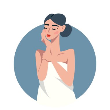 Banyodan sonra güzel bir genç kız yüzüne dokunuyor. Şirin düz vektör çizimi