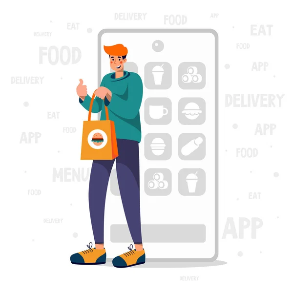 彼の手にバーガーバッグと皿のアイコンの後ろに食品アプリで電話を持つ配達の男 かわいいフラットベクトルイラスト — ストックベクタ