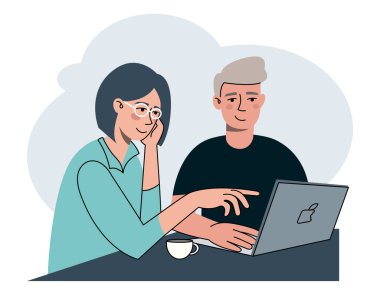 Proje altındaki iş arkadaşlarının laptopla yaptıkları iş görüşmesi. Vektör düz modern minimalist illüstrasyon