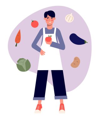 Yemek, sebze, sarımsak, lahana, havuç ve diğerlerini satarken gülümseyen adam. Vektör düz modern minimalist illüstrasyon