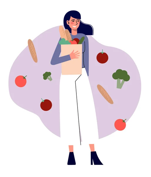 Woman Smiling Food Bag Full Vegetables Vector Flat Modern Minimalist — Stock Vector