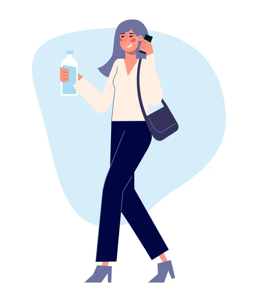 Cute Female Walking Bottle Water Calling Market Shop Vector Flat — 스톡 벡터