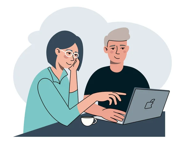 Business Conversation Coworkers Project Laptop Vector Flat Modern Minimalist Illustration —  Vetores de Stock