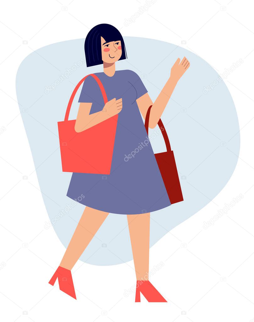 Cute female walking with shopping bags in market shop. Vector flat modern minimalist illustration