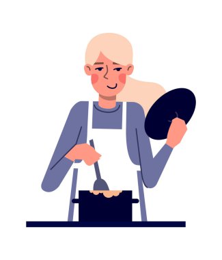 Önlüklü genç, tatlı bir kadın mutfak ocağında yemek pişiriyor. Yemek ve yemek ile vektör illüstrasyon