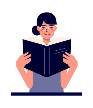 Cute happy young girl in white glasses reads a book and smile. Vector flat illustration with books, literature and education