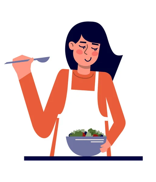 Young Cute Woman Tastes Salad Spoon Her Kitchen Vector Illustration —  Vetores de Stock