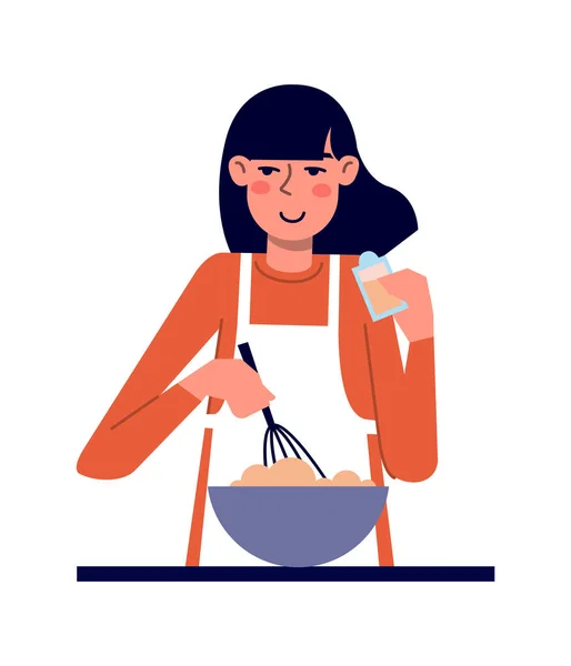 Young Cute Woman Mix Dough Whisk Her Kitchen Vector Illustration —  Vetores de Stock