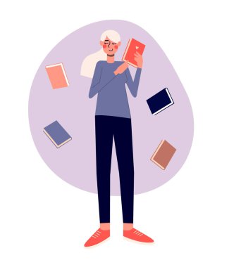 Sevimli mutlu genç öğrenci elinde bir kitap gösteriyor ve gülümsüyor. Kitaplar, edebiyat ve eğitim içeren vektör dairesi illüstrasyonu