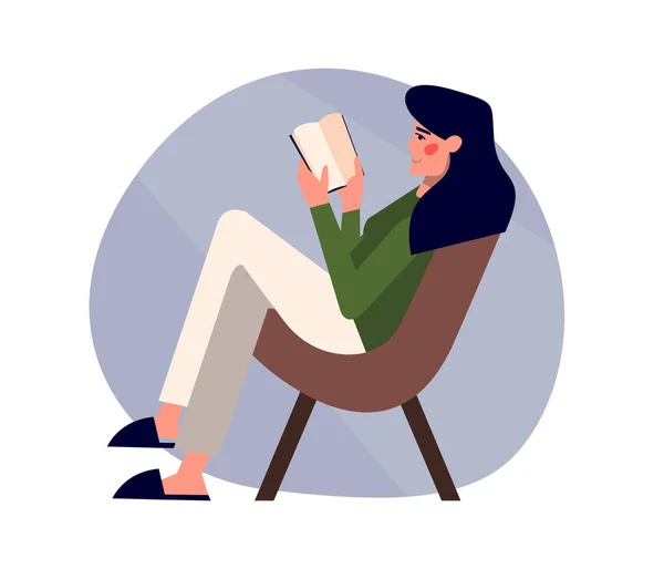 Cute Happy Young Female Sits Chair Reads Book Smile Her — Stock Vector
