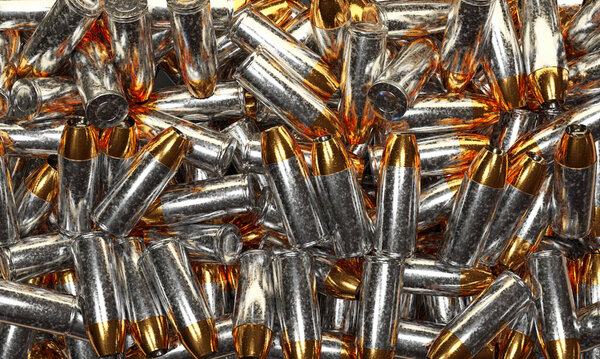 3d render illustration of a big pile of pistol ammunition. Top view.