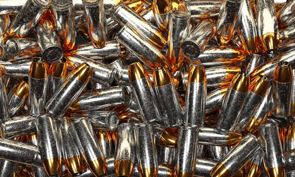 3d render illustration of a big pile of pistol ammunition. Top view.