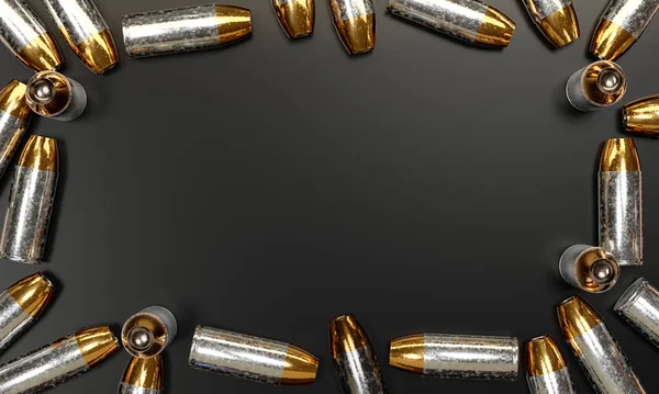 Återge Illustration Pistol Ammunition Svart Bakgrund Ovanifrån — Stockfoto