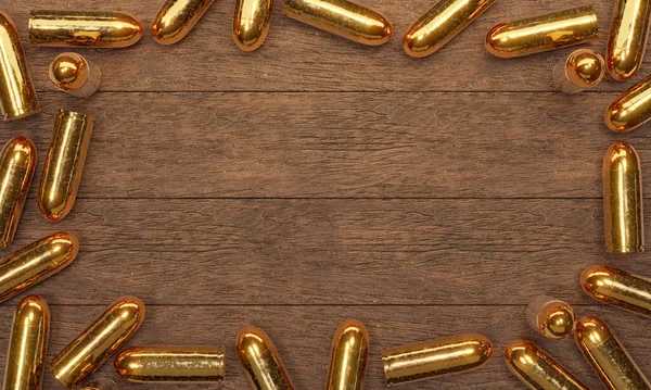 Render Illustration Pistol Ammunition Wooden Background Top View — Stock Photo, Image