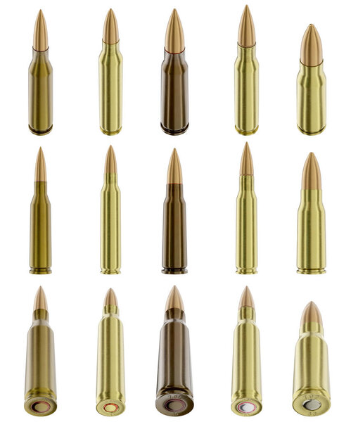 3d render illustration of a various rifle ammunition isolated on white background. Different calliber. Different views