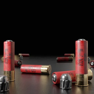 3d render illustration of a shotgun ammunition on black background. Front view. Close up shot.