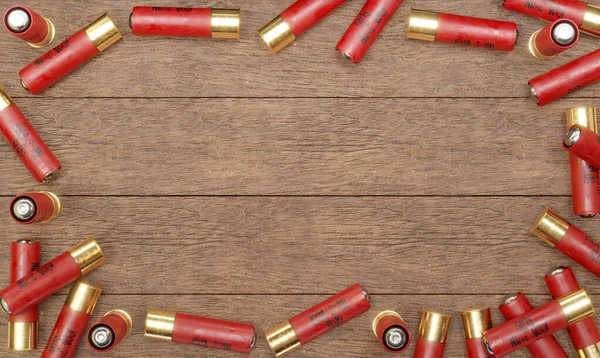 Render Illustration Shotgun Ammunition Wooden Background Border Formed Bunch Shells — Stockfoto