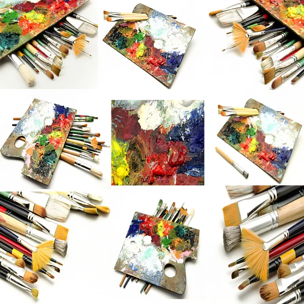 Mural de pinceles y paletas de pintura al óleo —  Fotos de Stock