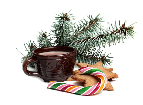 Cup of cocoa with ginger cookies and candy — Stock Photo, Image