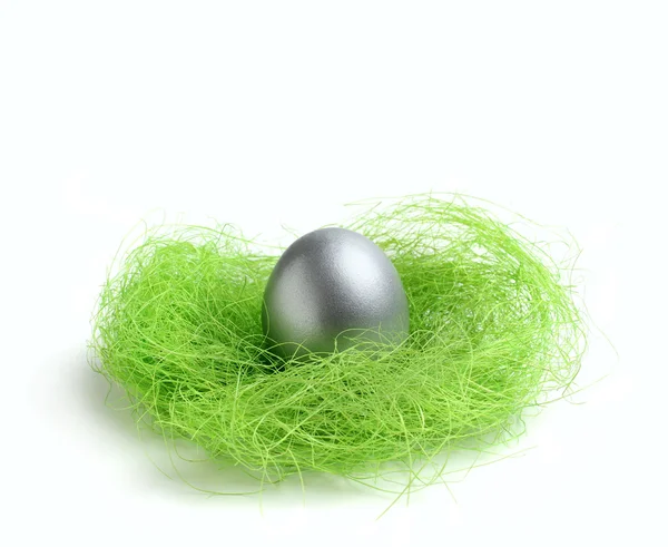 Srebrny jaj w gnieździe zielony — Zdjęcie stockowe