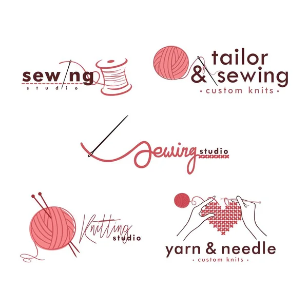 Knitting Crochet Logo Set Needle Yarn Logo Simple Knitting Collections — Stock Vector