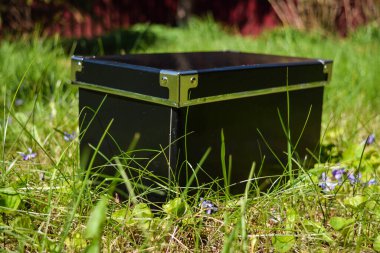 İçinde gümüşler olan bir kara kutu yeşil çimlerin üzerinde duruyor.