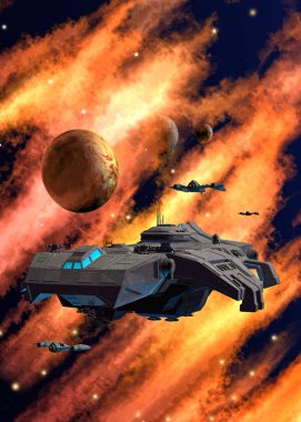 Nebulada yabancı gezegen sistemini araştıran uzay gemileri, 3 boyutlu illüstrasyon.