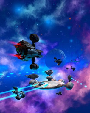 Nebuladaki yabancı bir gezegenin etrafındaki uzay savaşı, 3 boyutlu illüstrasyon.