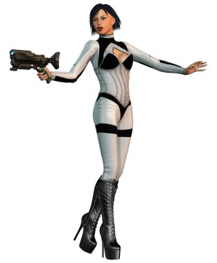 Silahlı fütürist bir kadın, Savaşçı iş başında, 3 boyutlu illüstrasyon