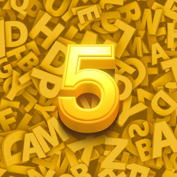 3d illustration, 3d Golden numbers and letters, five