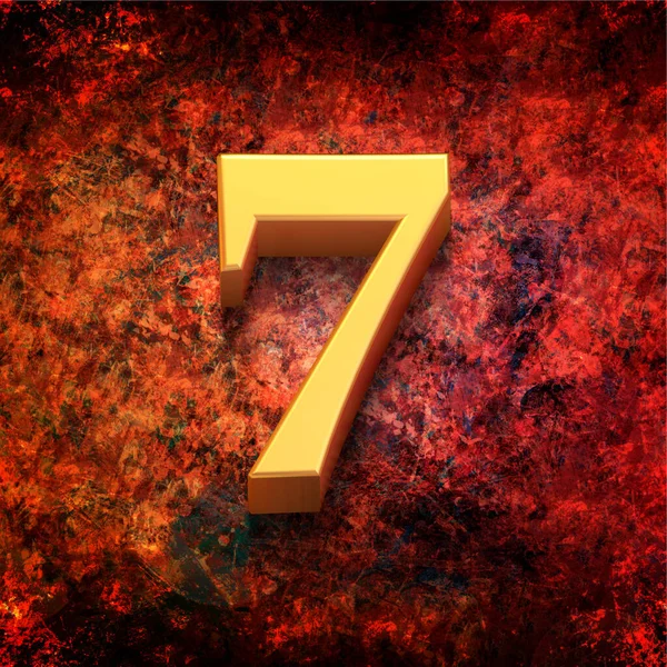 Трехмерная Золотая Цифра Семь Красном Фоне Трехмерная Иллюстрация — стоковое фото