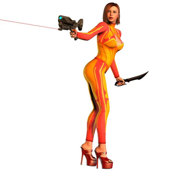Futuristická Dívka Pestrobarevné Uniformě Pistolí Ilustrace — Stock fotografie
