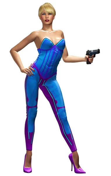 Futurista Chica Traje Multicolor Armado Con Pistola Rendering — Foto de Stock
