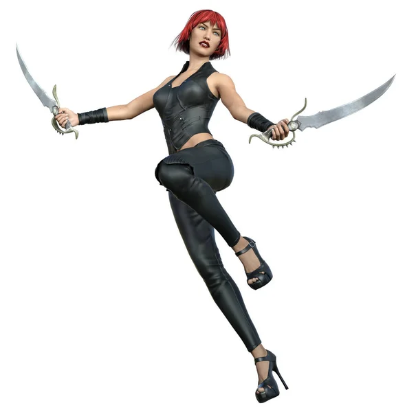 ファンタジー戦士の女性は剣で黒のドレスで 3Dレンダリング — ストック写真