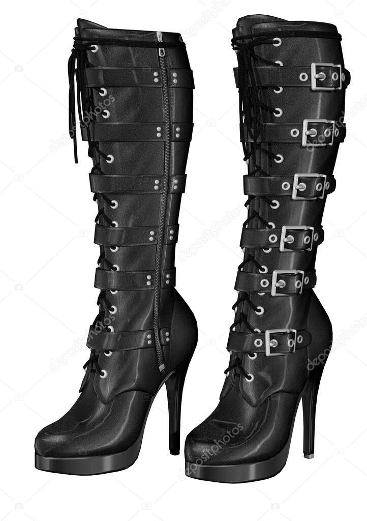 female high heels boots, black leather, 3d illustration