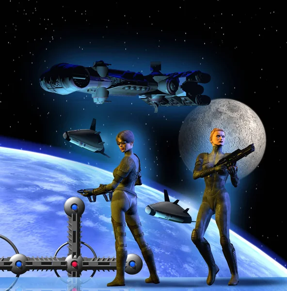 Soldados Futuristas Espacio Batalla Alrededor Tierra Ilustración — Foto de Stock