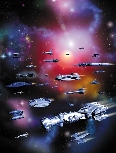 Hintergrund Mit Raumfahrt Und Raumschiffflotte Illustration — Stockfoto