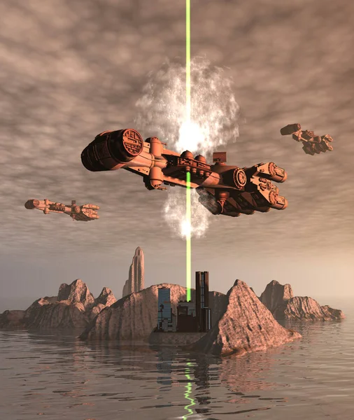 group of spaceships flies over a city on an alien planet, one of the spaceships is attacked with plasma rays, illustration