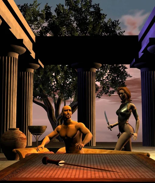 神殿里的杀手 带着刀的奇幻女人 3D插图 — 图库照片