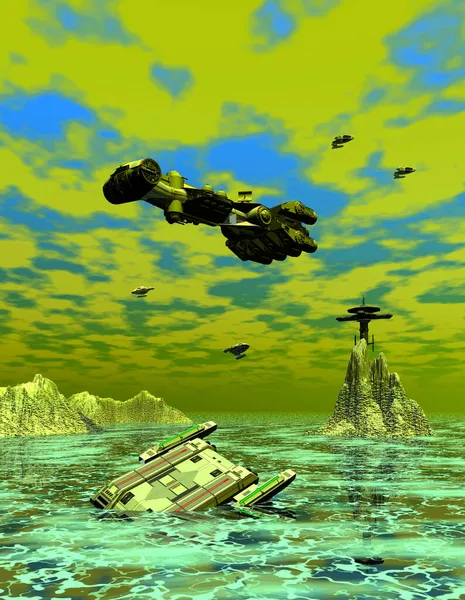 Rymdskepp Utforska Ett Vrak Havet Främmande Planet Illustration — Stockfoto