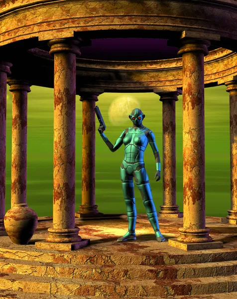 未来派战士 机器人站在外星星球上的一座庙宇里 3D插图 — 图库照片